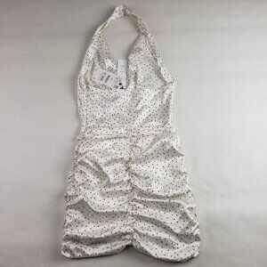Zara Ruched Mini Halter Dress Womens Small White Black Polka Dot V Neck NEW